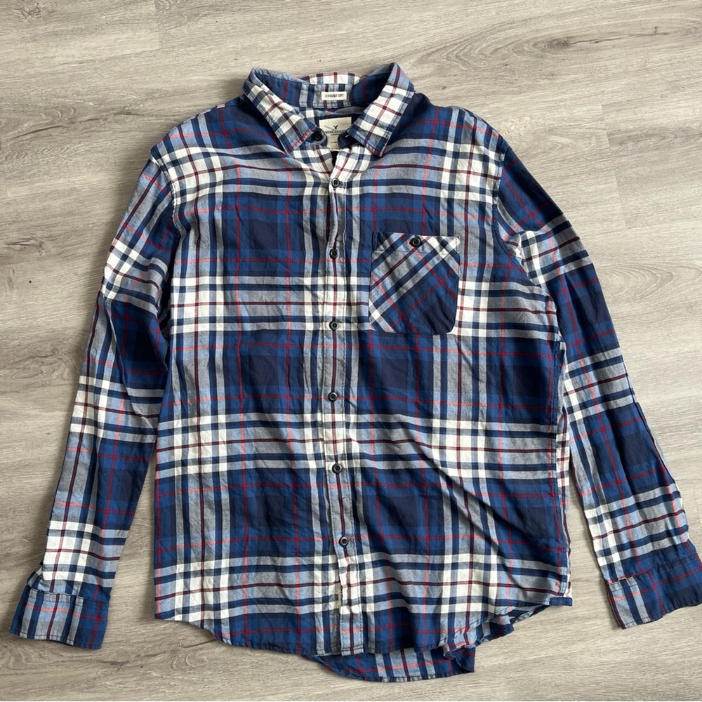 American Eagle Button Up Shirt Mens XXL Blue Plaid Long Sleeve Classic Fit